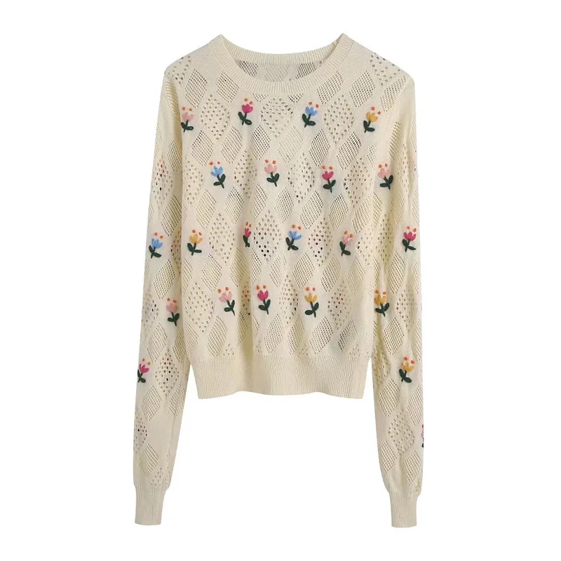 

Spring Autumn Women's Casual Solid Color Embroidered Decorative Round Neck Long Sleeve Short Sweater