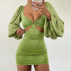 Women Sexy Puff Sleeve Hollow Out Waist Dress 2022 Summer Ladies Y2K Mini Beach Bodycon Dresses Sexy Party Club Outfits