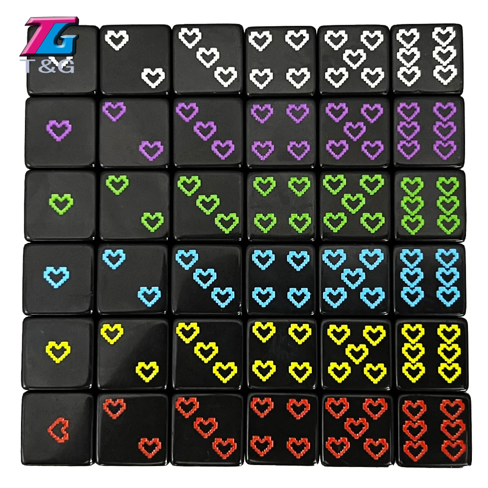 

6pcs 18mm Black with Colorful Heart-shaped Game Dice DIY Six Sided Game Toy Casino Kids Party Entertaiment