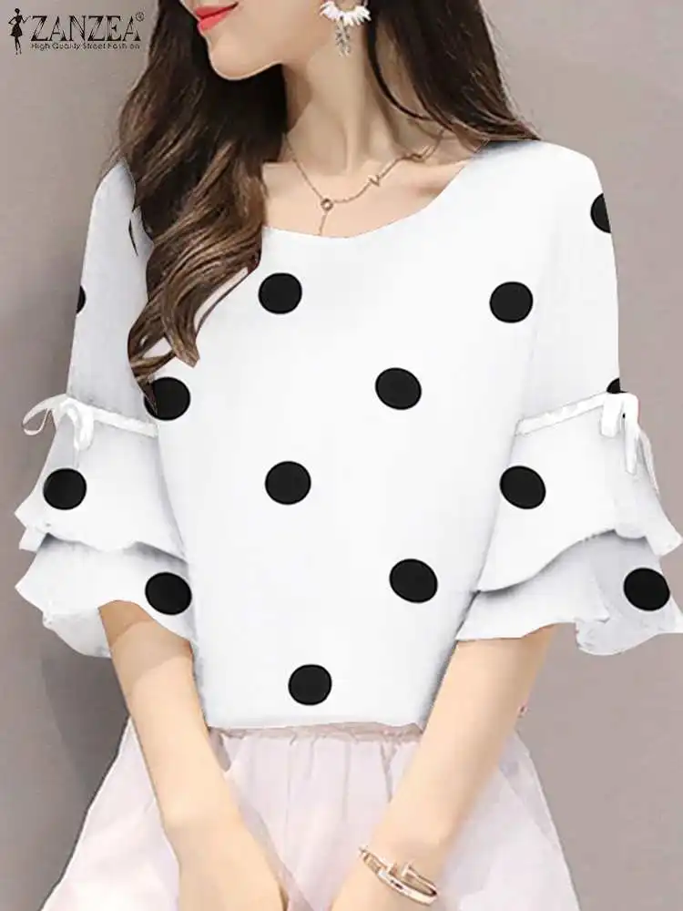 

Блузка ZANZEA женская с принтом в горошек, модная Повседневная Туника с воланом и рукавом до локтя, топ на шнуровке, весна-лето 2023