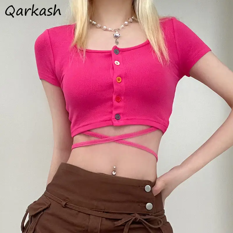 

Crop Tops T-shirts Women Lace-up Sweet Cool Slim Sexy Korean Style All-match Tender Y2k Girls Casual Square Collar Streetwear