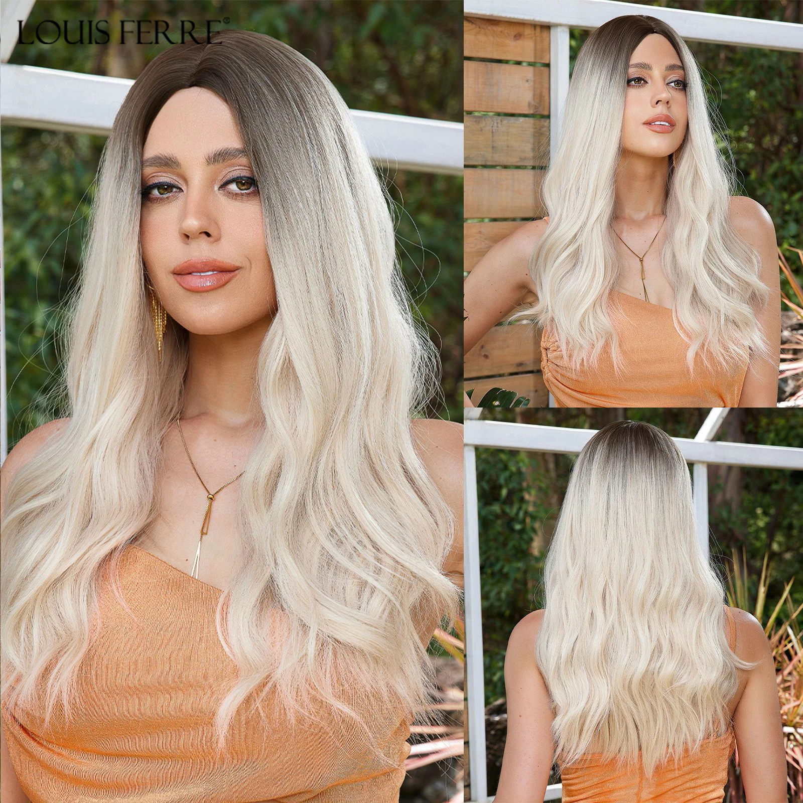 

LOUIS FERRE Synthetic Ombre Wig for Women Brown Highlights on Blonde Hair Wig Long Wave Wig Natural Looking Heat Resistant Fibre