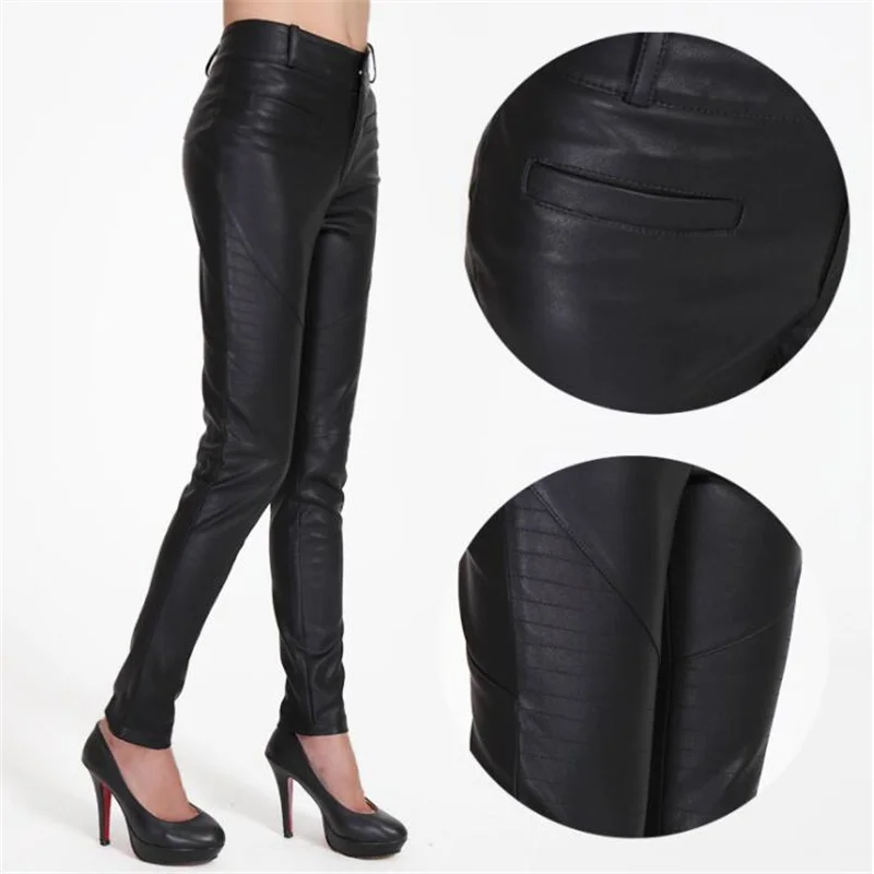 Spring autumn fashion faux leather pants womens feet pants High waist motorcycle pu trousers for women personality black