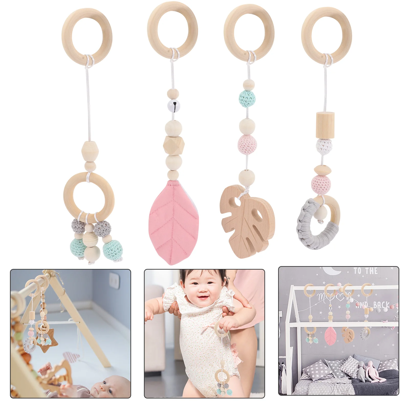 

4pcs Baby Gym Toys Wooden Gym Hanging Toys Stroller Toys Nursery Decors