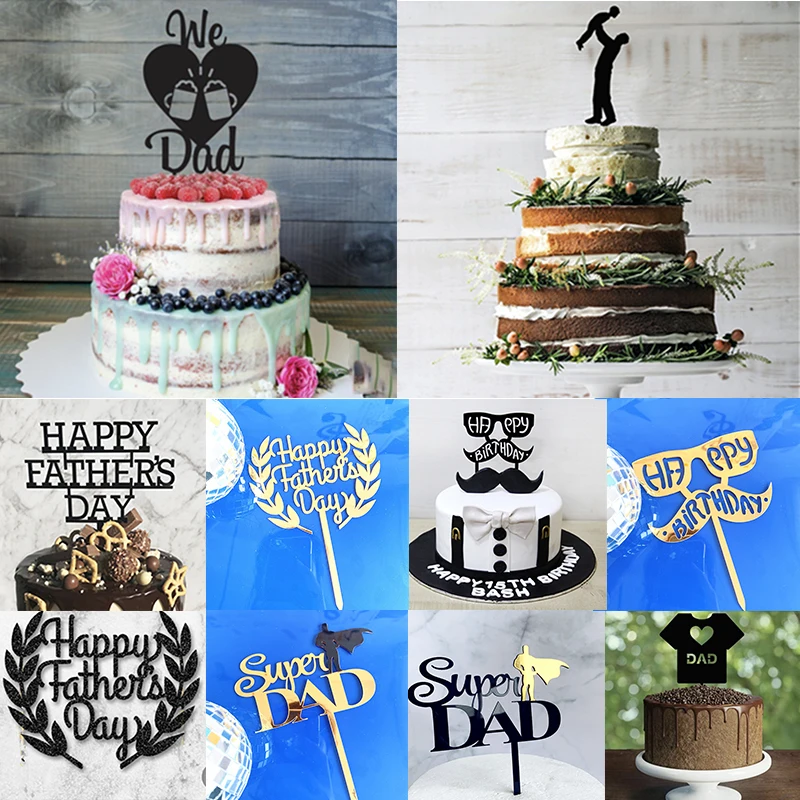 

Father's Day Cake Insertion Card DIY Acrylic Letter Cake Top Flag Decoration for Father Birthday Party Supplies Gold Black