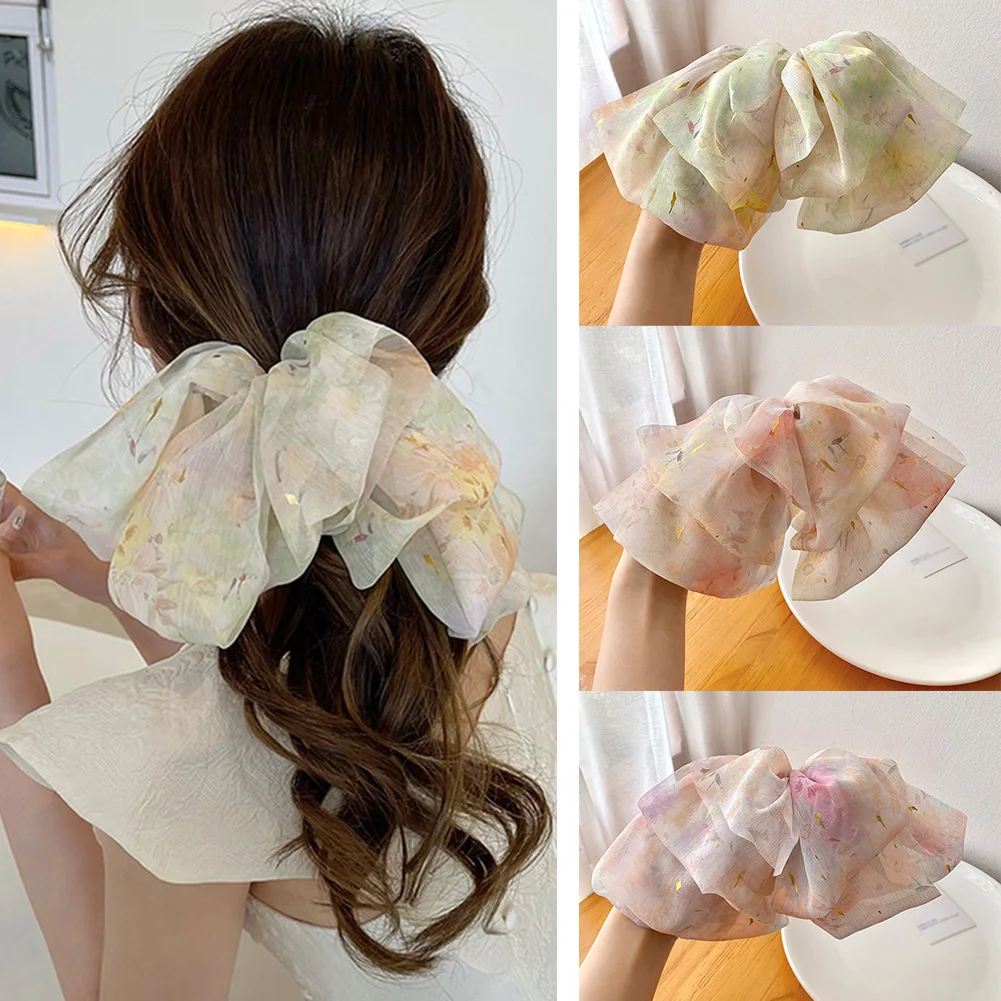 

Print Oversize Bow Hairpin For Women Chiffon Bowknot Ribbon Hair Clip New Long Lady Wedding Girls Spring Clip Hair Accessories