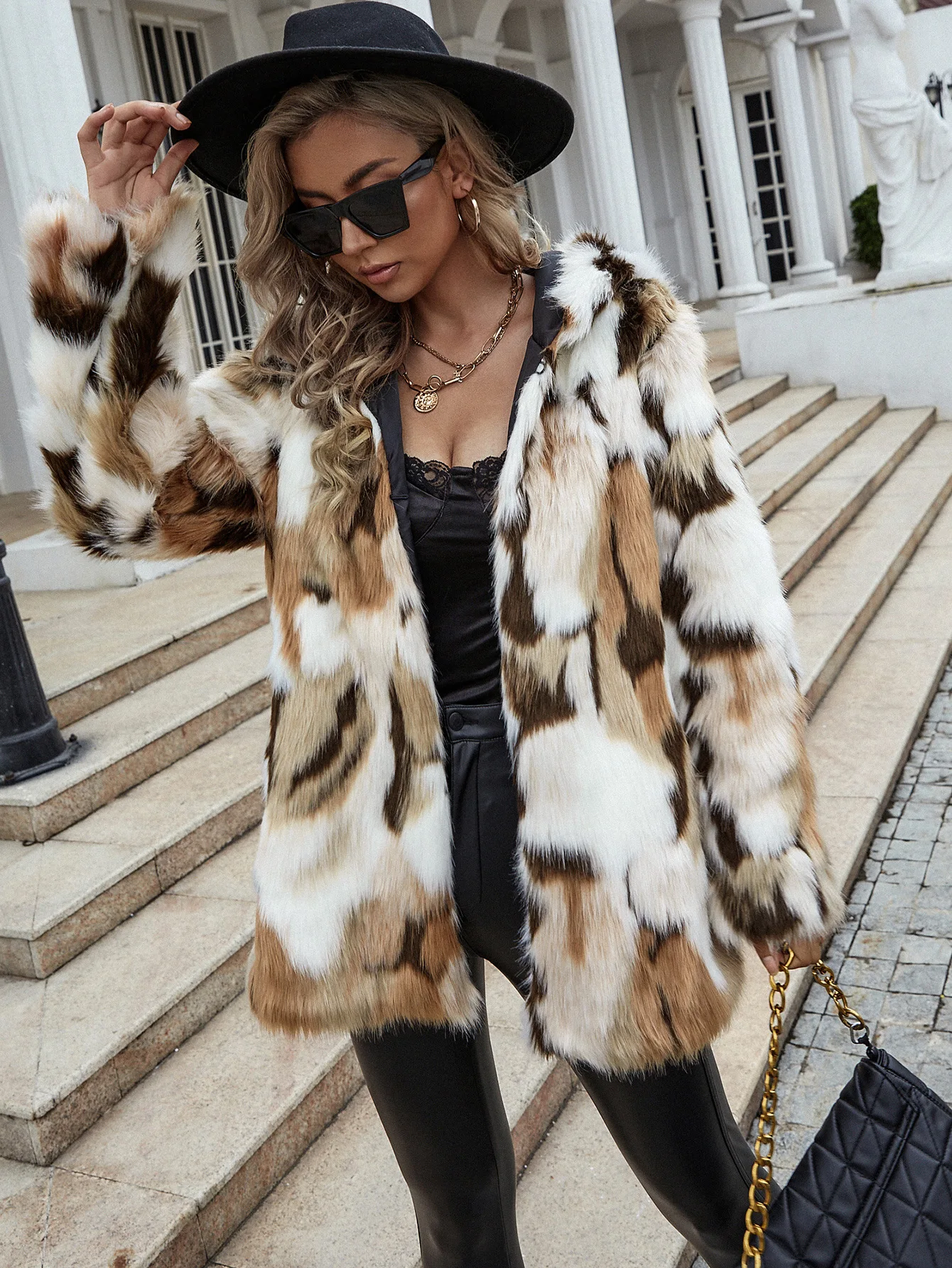 2022 Fashion autumn and winter long color contrast hooded imitation fur coat women's casual coat