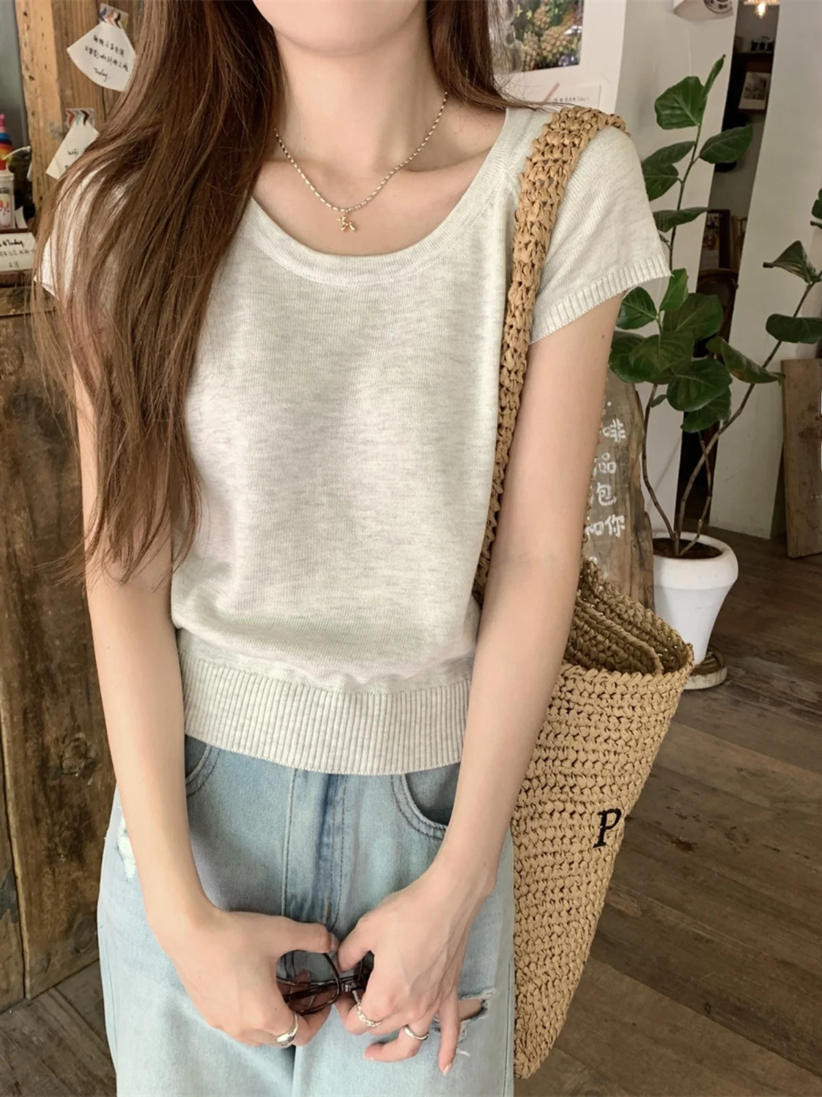 Французский sle элегантный реглан с круглым вырезом из ледяного шелка вязаный