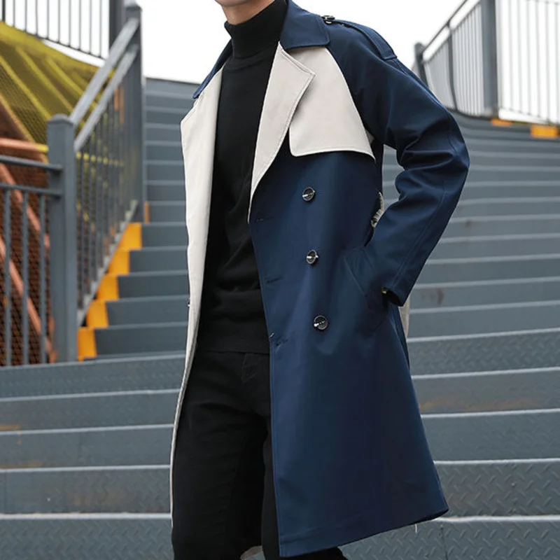 

Autumn Windbreaker Fashion Double Breasted Long Jacket For Streetwear Contrast Stitching Male Abrigo Hombre Trench Coat Men