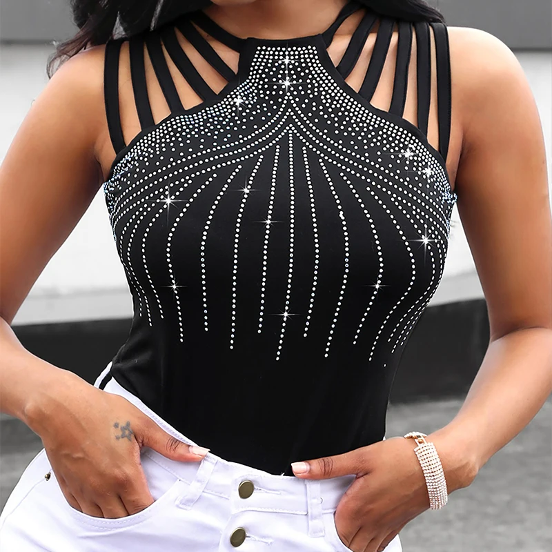 

Новинка 2022, женский жилет с искусственными бриллиантами, облегающий Модный Универсальный жилет с круглым вырезом и рисунком бриллиантов, т...