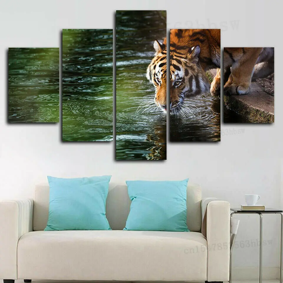 

Tiger Drinking in Lake 5 Panel Canvas Print Wall Art Poster Home Decoration Home Decor Pictures 5 Piece Room Decor HD Print
