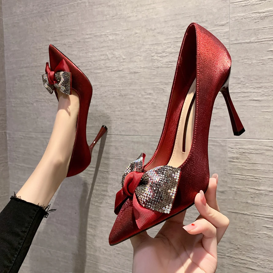 

Bowknot High Heels Women's Stiletto Heel 2022 New Fashion Satin Pointed Toe Shallow Mouth Net Red Single Shoes Wedding Shoes