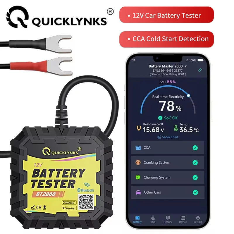 QUICKLYNKS BT2000 12V Bluetooth тестер автомобильного аккумулятора 100-2000 CCA заряда для Android IOS