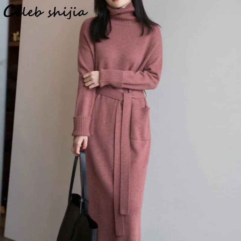 Женское шерстяное платье-свитер с высоким воротником и длинным рукавом