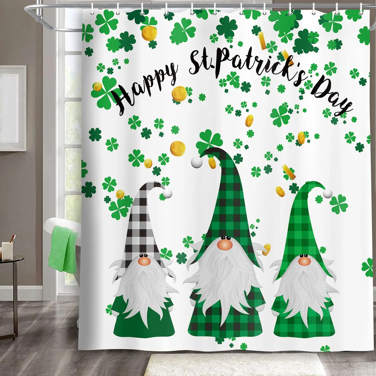 

Happy St. Patrick's Day Shower Curtain, Green Clover Shamrock Leaf Irish Gnome Elf Buffalo Check Plaid Fabric Bathroom Curtains