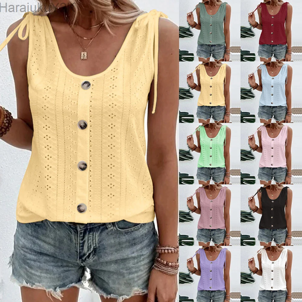 

10 Colors S-4XL Oversized Women Button Vests Summer Female Sleeveless Lace Up Hollow Out U Collar Tank Tops
