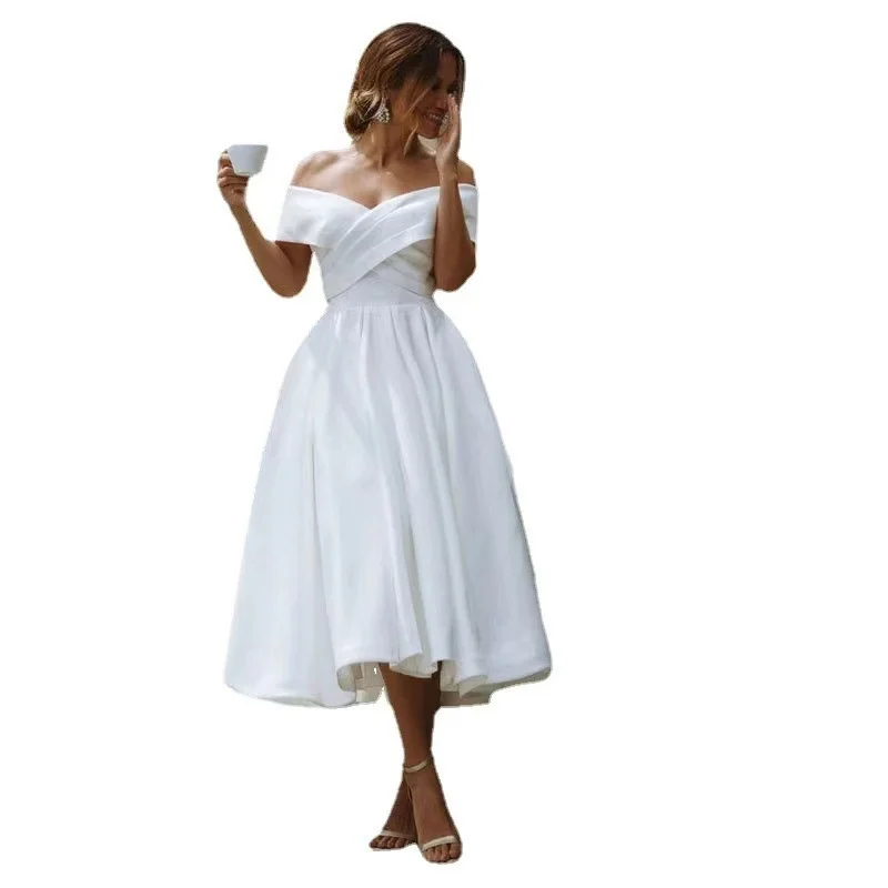 Новое Стильное атласное свадебное платье с одной линией воротника элегантное и