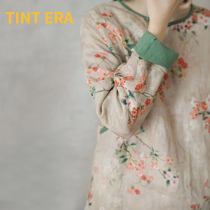

TINT ERA New Chinese Style Digital Printed Linen Cotton Cheongsam Retro Zen Thickened Dress Elegant Women