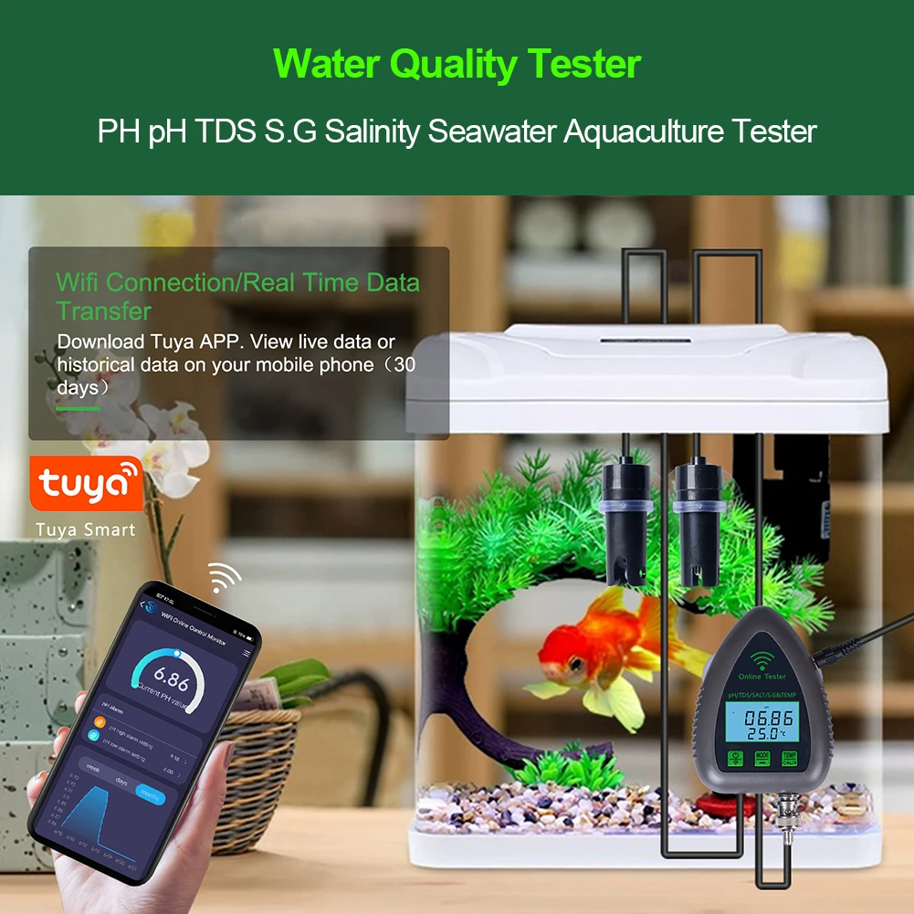 

WIFI PH Salinity S.G TEMP TDS Tester Data Export Digital Seawater Aquaculture Tester APP Remote Monitoring for Pool Saltwater