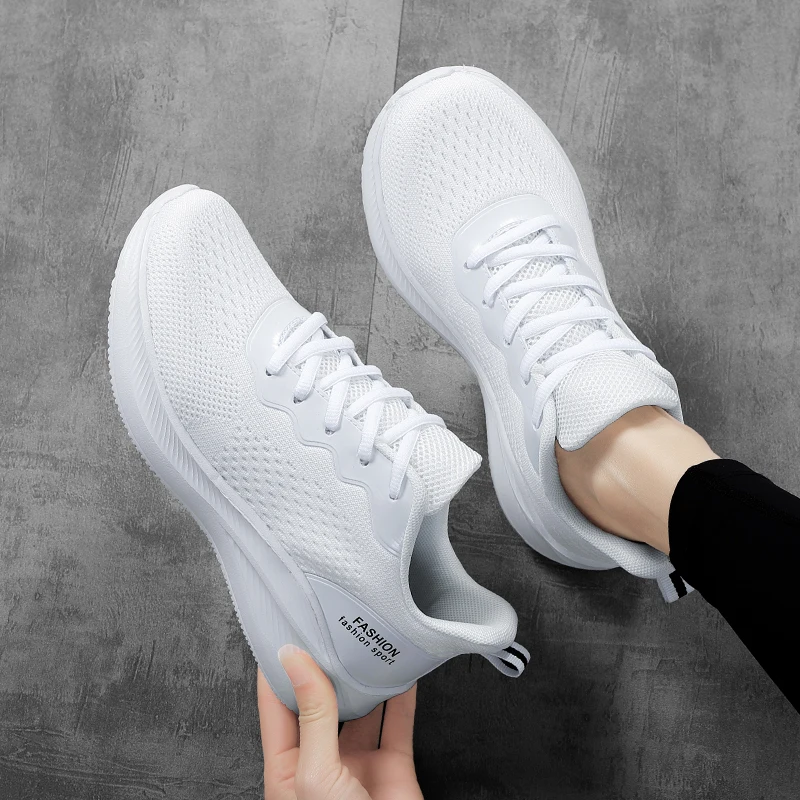 Sneakers Ladies Walking Shoes Lightweight Lace Up Outdoor Sneakers Mesh Breathable Flats White Tennis Shoes Mesh (Air mesh)
