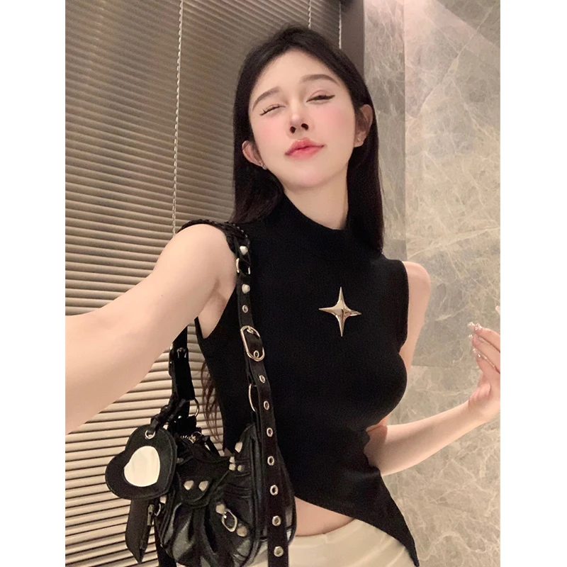 

Summer Sexy Black Sleeveless Tshirts Slim Waist Crop Tops Bottoming Tanks Top Turtleneck Camis Irregular Women Elegant Vest Y2k