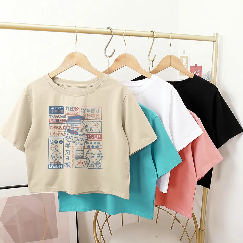 

DAYIFUN 100% Cotton L-4XL Crop Top Short Tshirt Short Sleeve Women Top 2022 Summer Cartoon Print Girls O Neck Short T Shirts