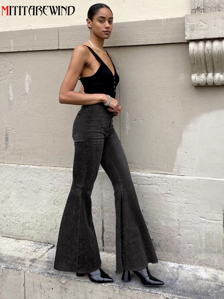 

Джинсы женские широкие с высокой талией, модные брюки-клеш из эластичного денима с эффектом потертости, мешковатые джинсы в стиле ретро, размеры 34-42