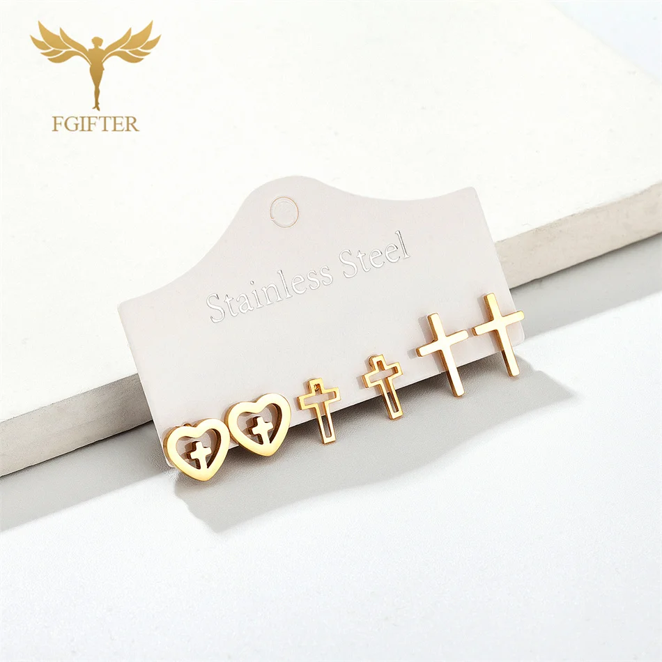 

3 Pairs Cross Earrings Set Men Women Ear Stud Stainless Steel Jewelry Christian Accessory Easter Good Friday Thanksgiving Gift