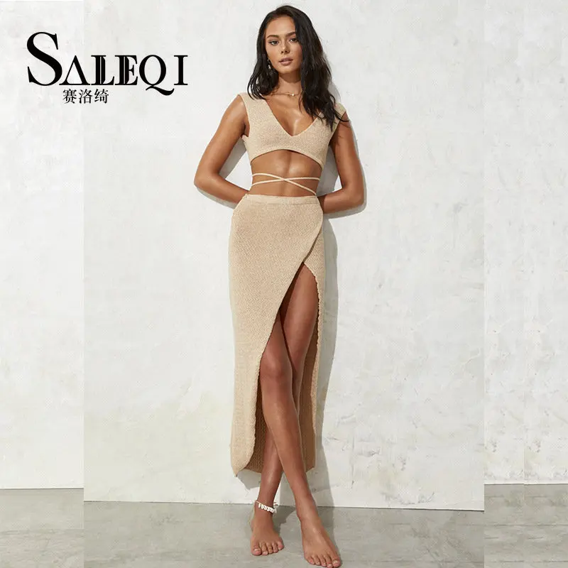 

2023 new beach sexy dress solid v-neck tie bikini split thigh beach skirt suit