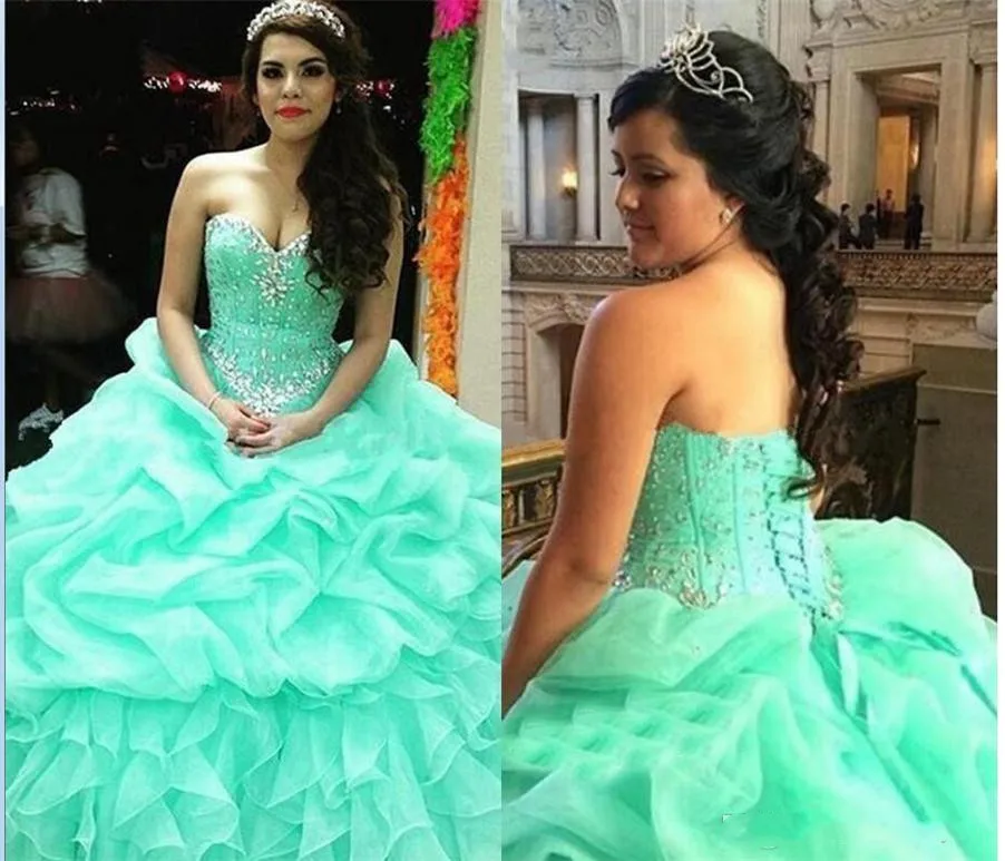 

Elegant Crystal Lace-Up Ball Sweetheart Quinceanera Dress Mint Green Sexy 16 Dress Organza Ball Gowns vestidos longos para festa