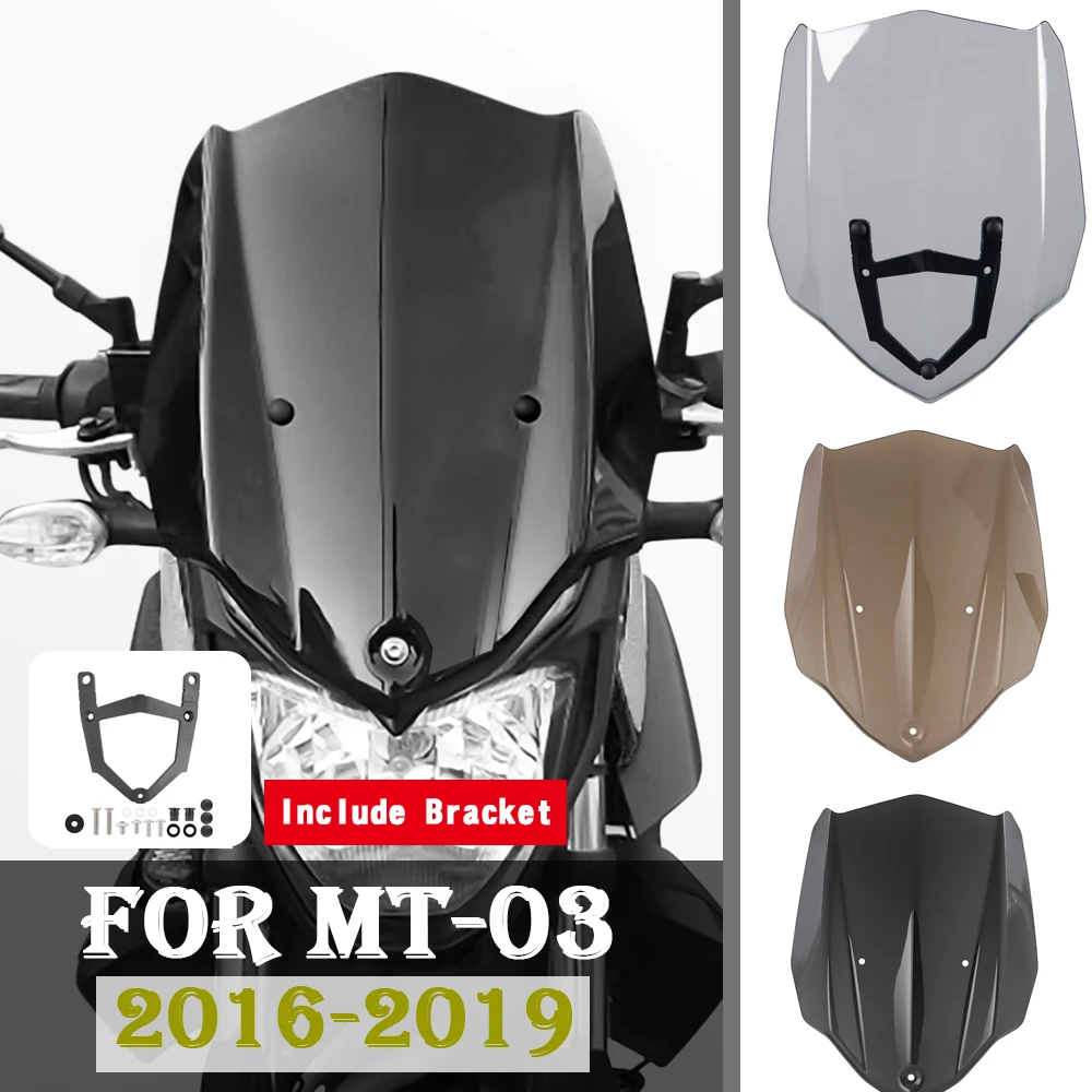 

Motorcycle Windshield Windscreen w/ Mounting Bracket Airflow Wind deflector Screen for 2016-2019 Yamaha MT 03 MT-03 MT03