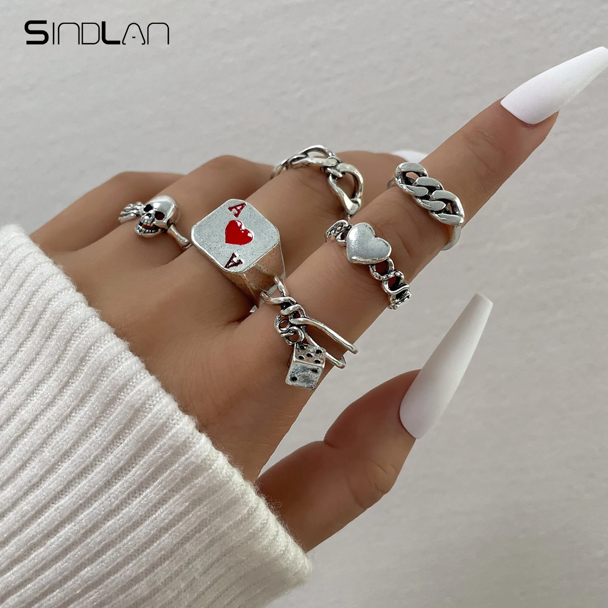 

Sindlan 7Pcs Punk Silver Color Heart Rings for Women Gothic Skeleton Poker Strange Things Couple Emo Jewelry Anillos Mujer Bague