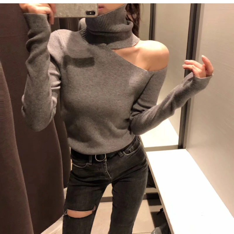

Knitted Sweater Off Shoulder Pullovers Sweater for Women Long Sleeve Turtleneck Female Jumper Black White Sexy Clothing New 2020