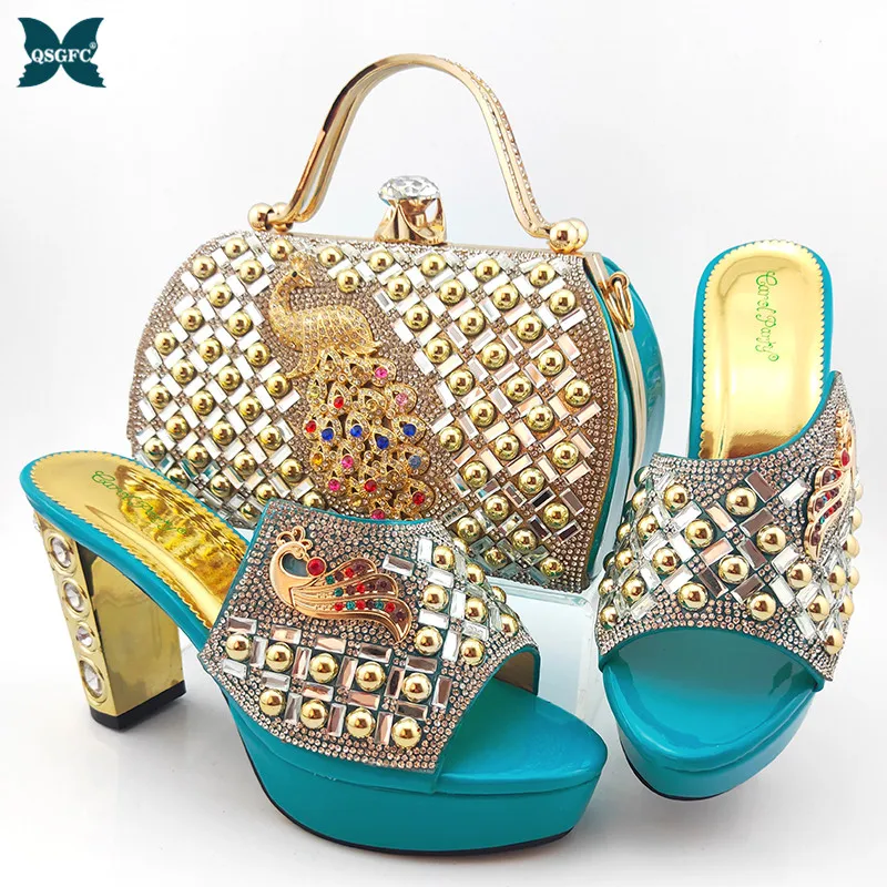 

Italian Design Nigerian 2021 Newest Fashion Teal Color Patforn Women Shoes and Bag Set Decorated With Phoenix Shape Metal