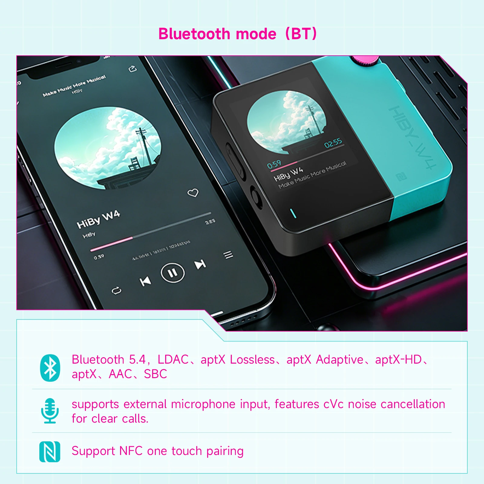 Фото HiBy W4 3.5 мм 4.4 мм Беспроводной аудиоусилитель для наушников HiFi Bluetooth 5.4 NFC CarPlay UAT LDAC aptX HD aptX-LL 1500 мАч MagSafe №2