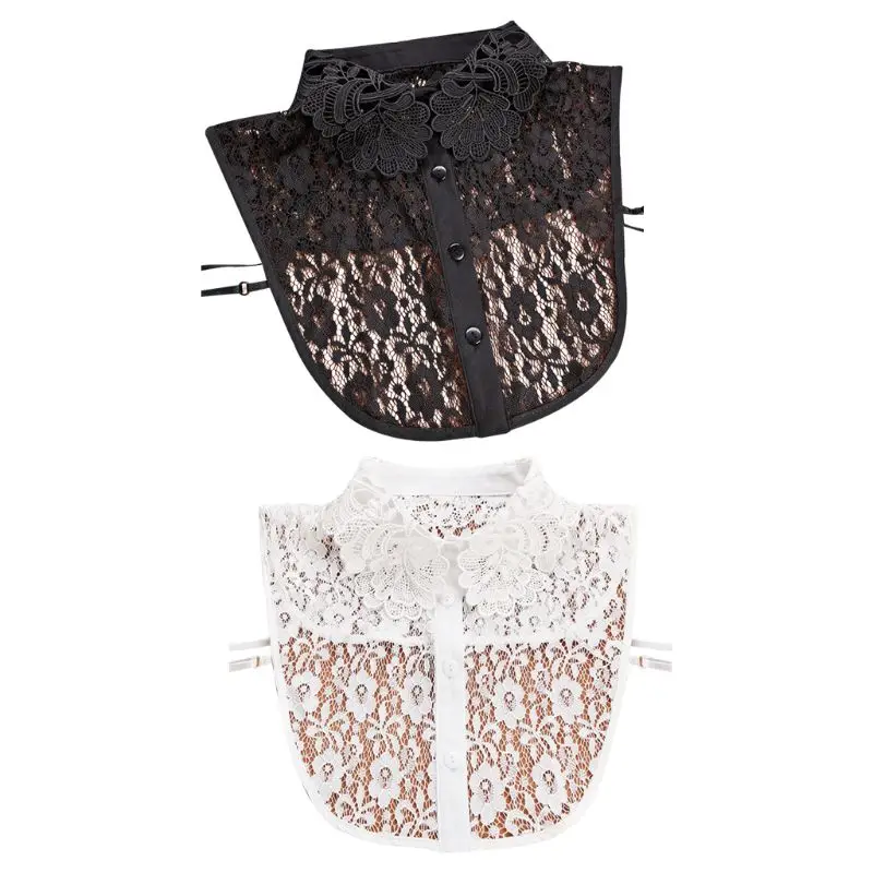 

Women Blouse Sweater Round Neck Fake False Collar Detachable Sheer Embroidered Floral Lace Solid Half Shirt Tie Button Apparel