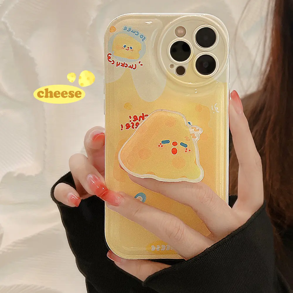 

Cartoon Cute Cheese Phone Case with Holder for iPhone 14 13 12 11 Pro Mini XS Max Plus XR Shockproof Soft Full Coverage Case
