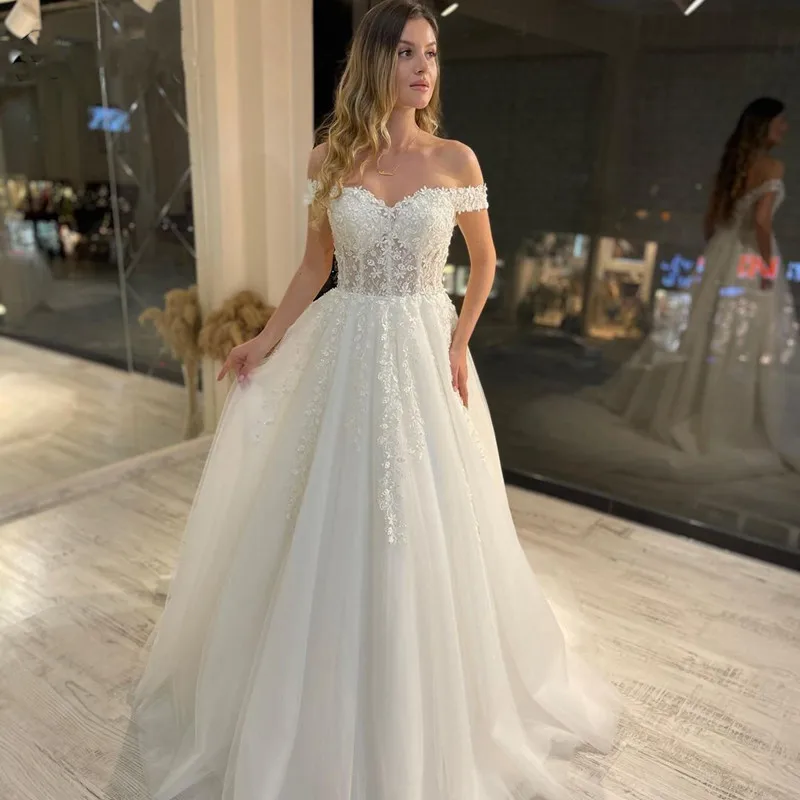 

Elegant Boho Wedding Dress A-line Sweetheart Off The Shoulder Appliques Tea-length Bridal Gown For Sexy Women Vestidos De Noiva