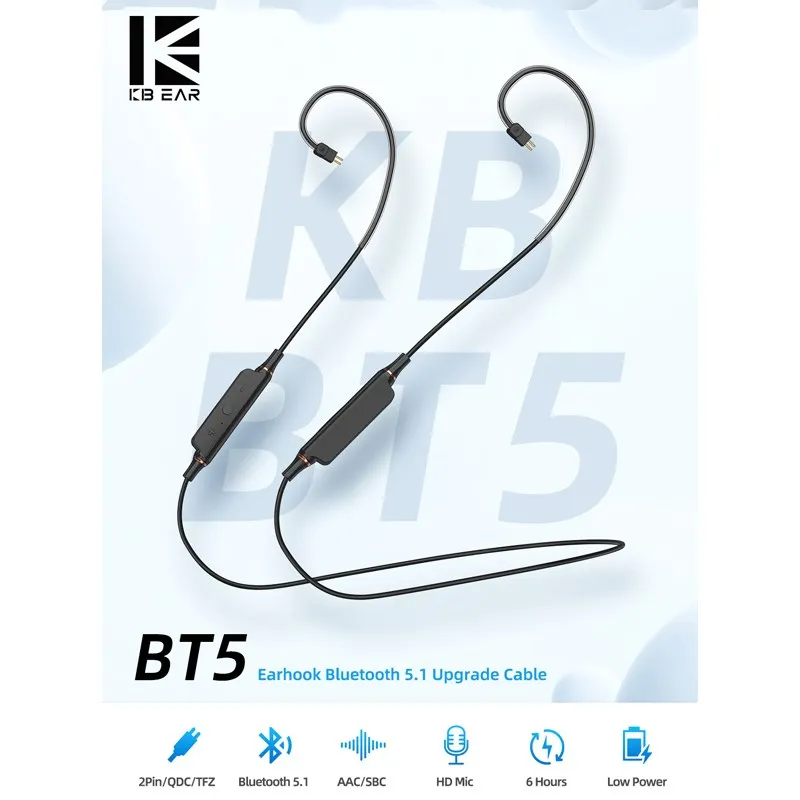 

KBEAR BT5 Earhook Bluetooth 5.1 Upgrade Cable HD Mic 2Pin/QDC/TFZ SBC/AAC Protocol Wireless Cable For KBEAR KZ BLON Earphone ZSN