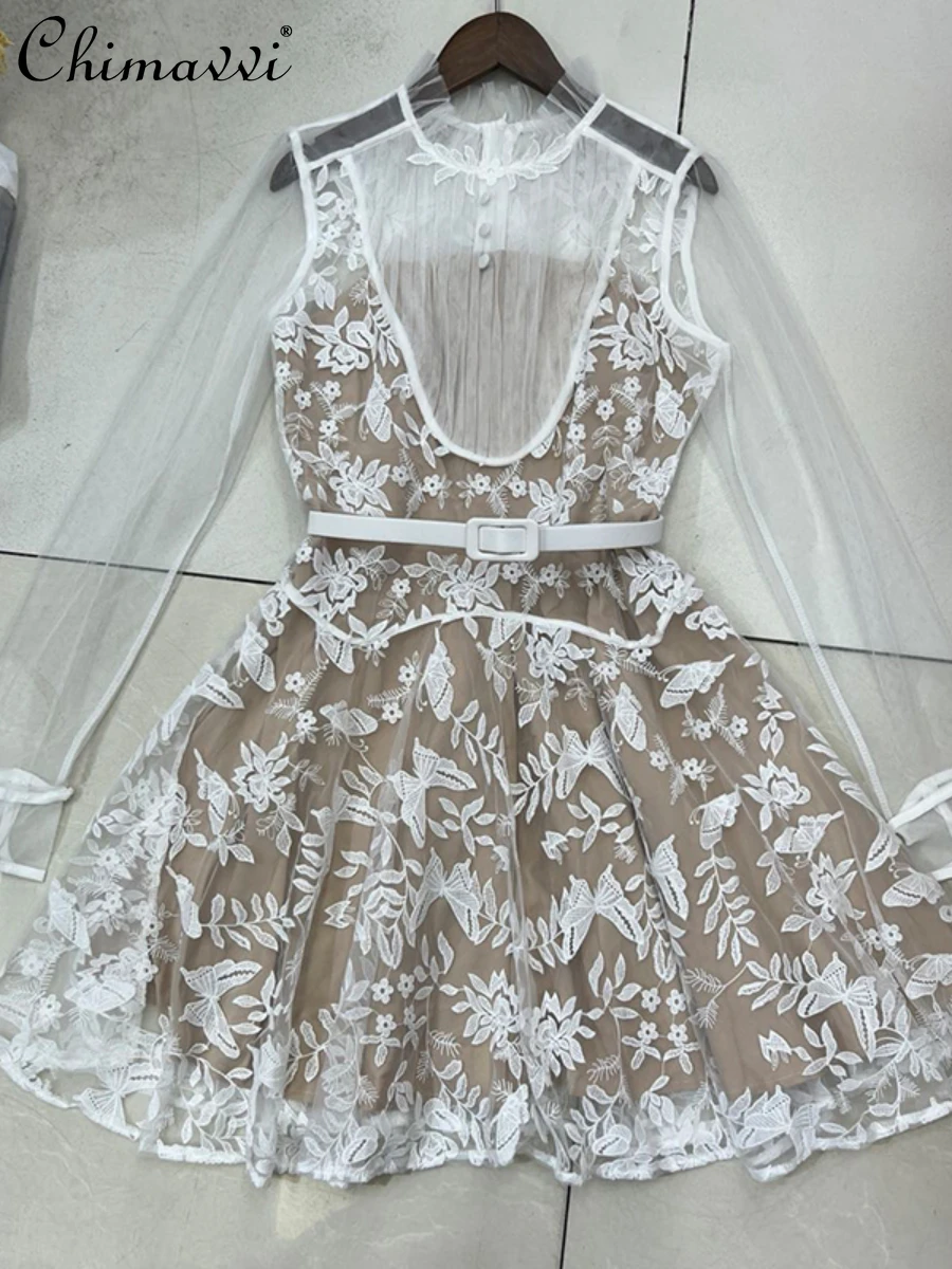 

2022 Summer New Fashion Mesh Embroidered Long Sleeve Short Dress Commuter High Waist Slimming Elegant Women Dress with Belt