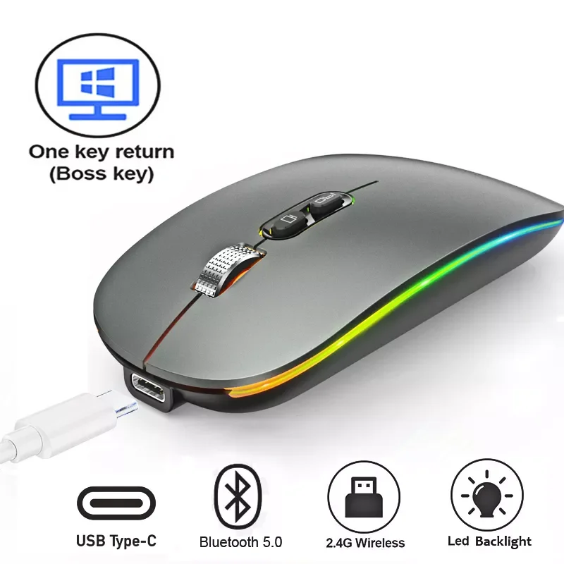 

Dual Mode Bluetooth Wireless Mouse with One-Click Desktop Function Type-C Rechargeable Silent Backlight Mice for Laptop PC New