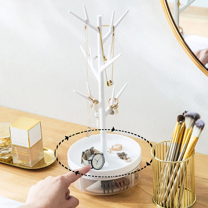 Tree-shaped Rotatable Jewelry Box 2-in-1 Necklace Rings Bracelet Storage Tray Multifunctional Jewelry Display Holder With Hooks