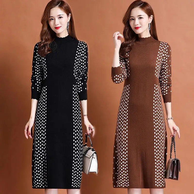 

Women Elegant Knitting Dress For Autumn Winter 2023 New Fashion Patchwork Dot Print Half High Collar Warm Slim Mother'S Dresses