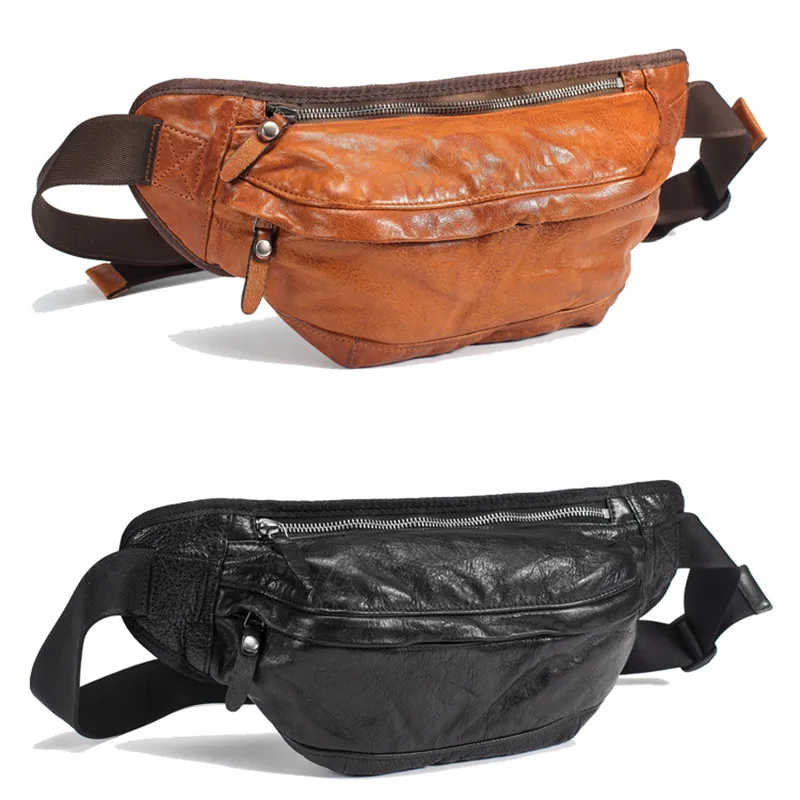 Vintage pleated high-quality top layer cowhide men's chest bag fashion weekend daily natural genuine leather sports shoulder bag