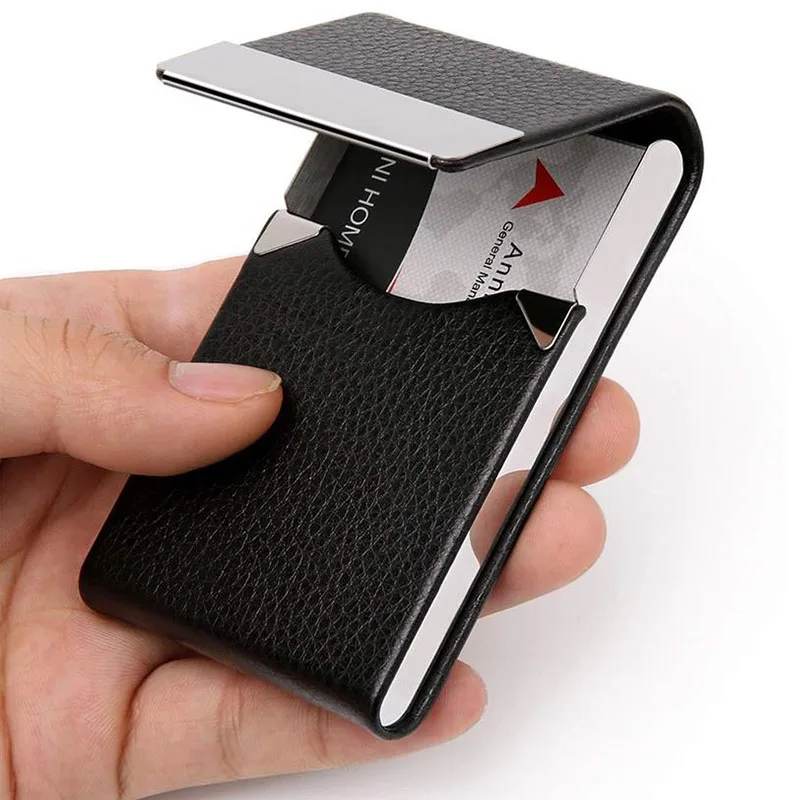 Gebwolf PU Leather Business Card Holder with Magnetic Buckle Slim Pocket Stainless Steel Name Credit Card ID Case