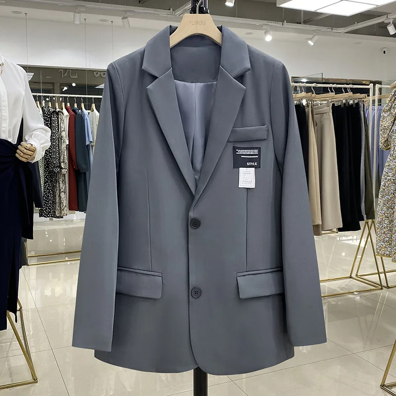 

SuperAen Retro Blue Gray Suit Jacket Women's New Casual Notched Office Lady Coat Spring 2022