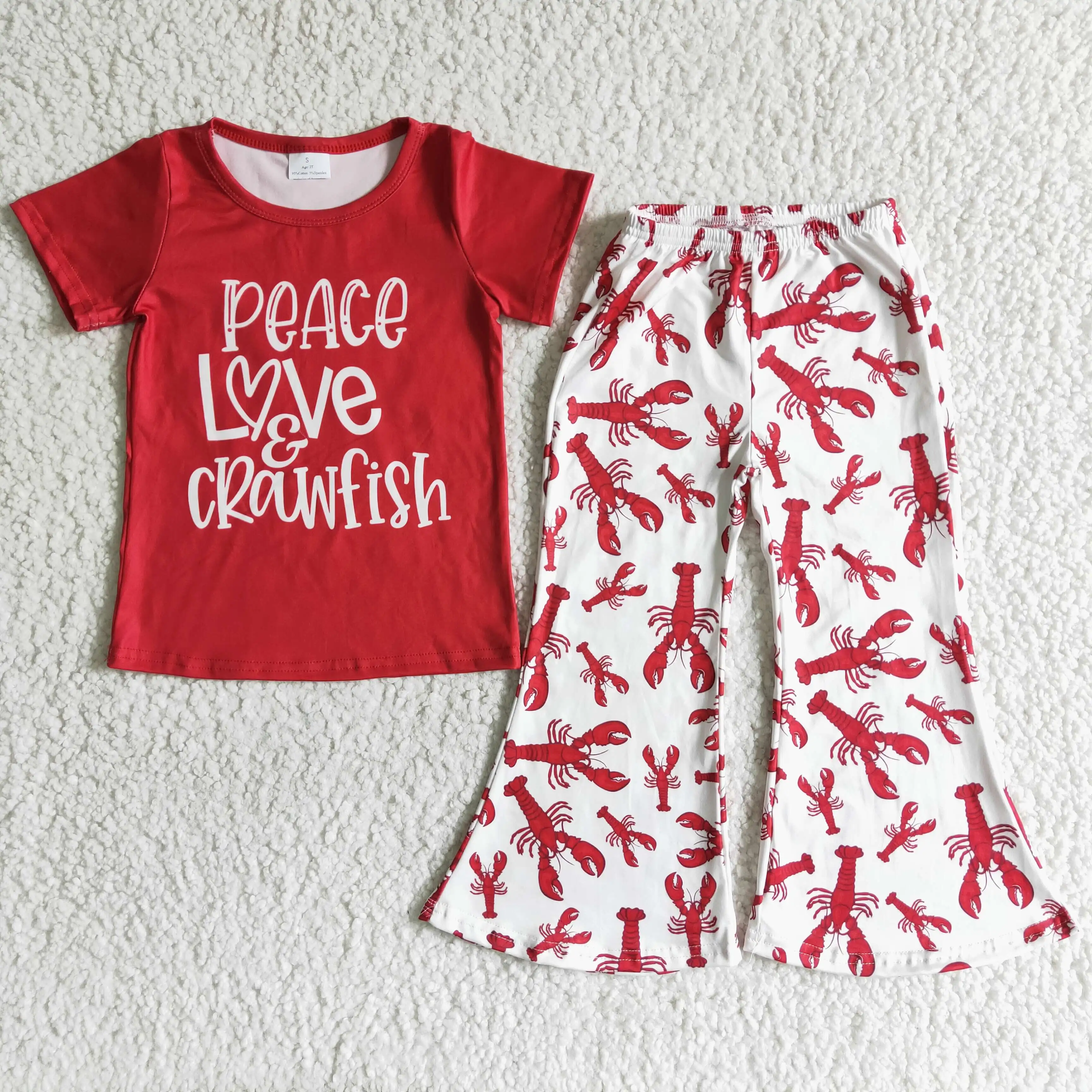 

RTS Toddler Girl Clothes Peace Love Crownfish Red Short Sleeve Tee Shirt Boutique Outfits Bell Pants Sets Kids wear