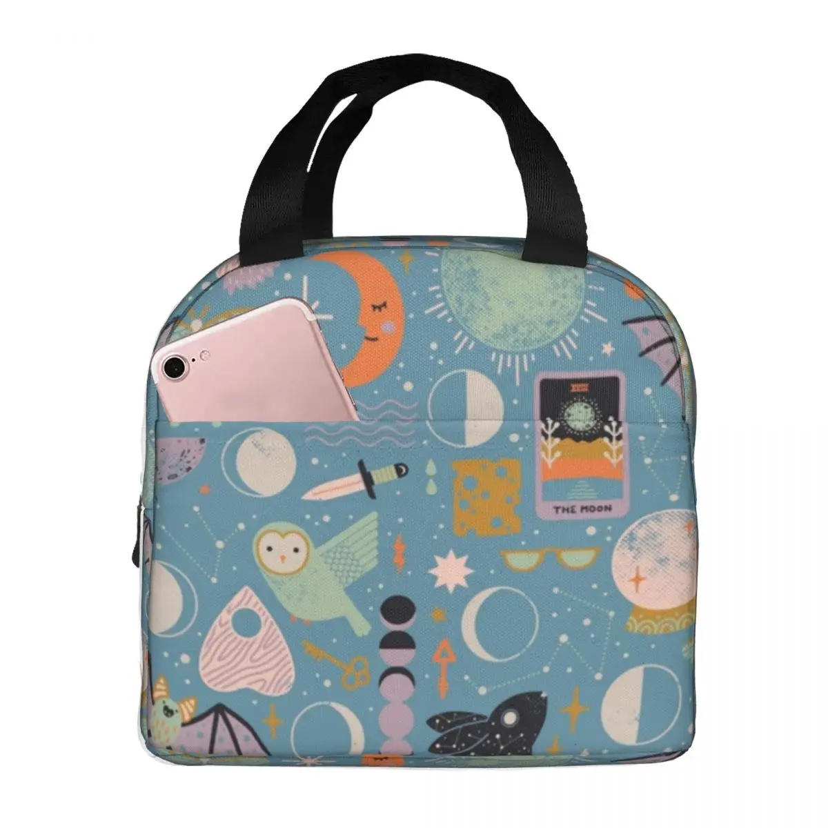 Lunch Bag for Men Women Lunar Pattern Blue Moon Insulated Cooler Bag Waterproof Picnic Magic Gothic Goth Canvas Lunch Box