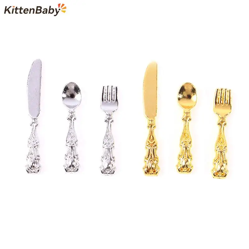

3Pcs Dollhouse Miniature Stainless Steel Tableware Set gifts knife spoon fork Classic Pretend Play Kitchen Furniture Toy