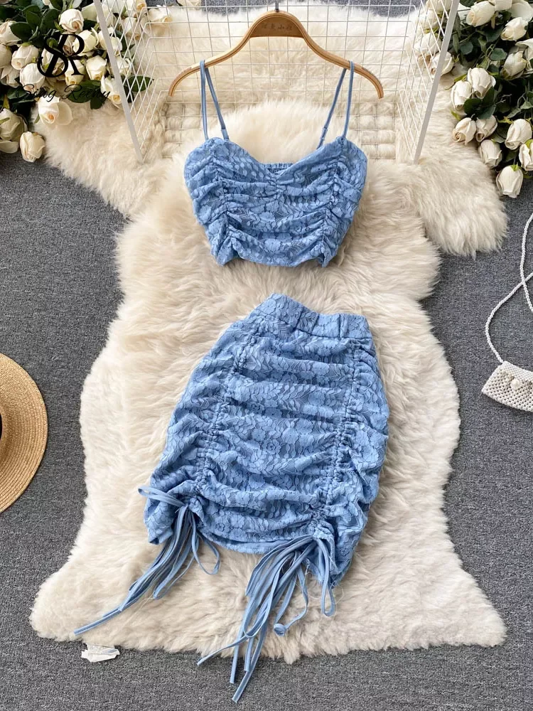 

SINGREINY Lace Drawstring Women Summer Set 2022 Ruched Zipper Elastic Top Sexy Vacation Party Club Mini Skirt Two Piece Sets